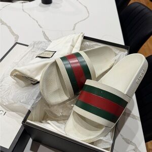 Gucci Ivory Slides with Red and Green Bands